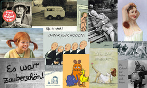 Collage aus lustigen Postkarten von Menschenskinder