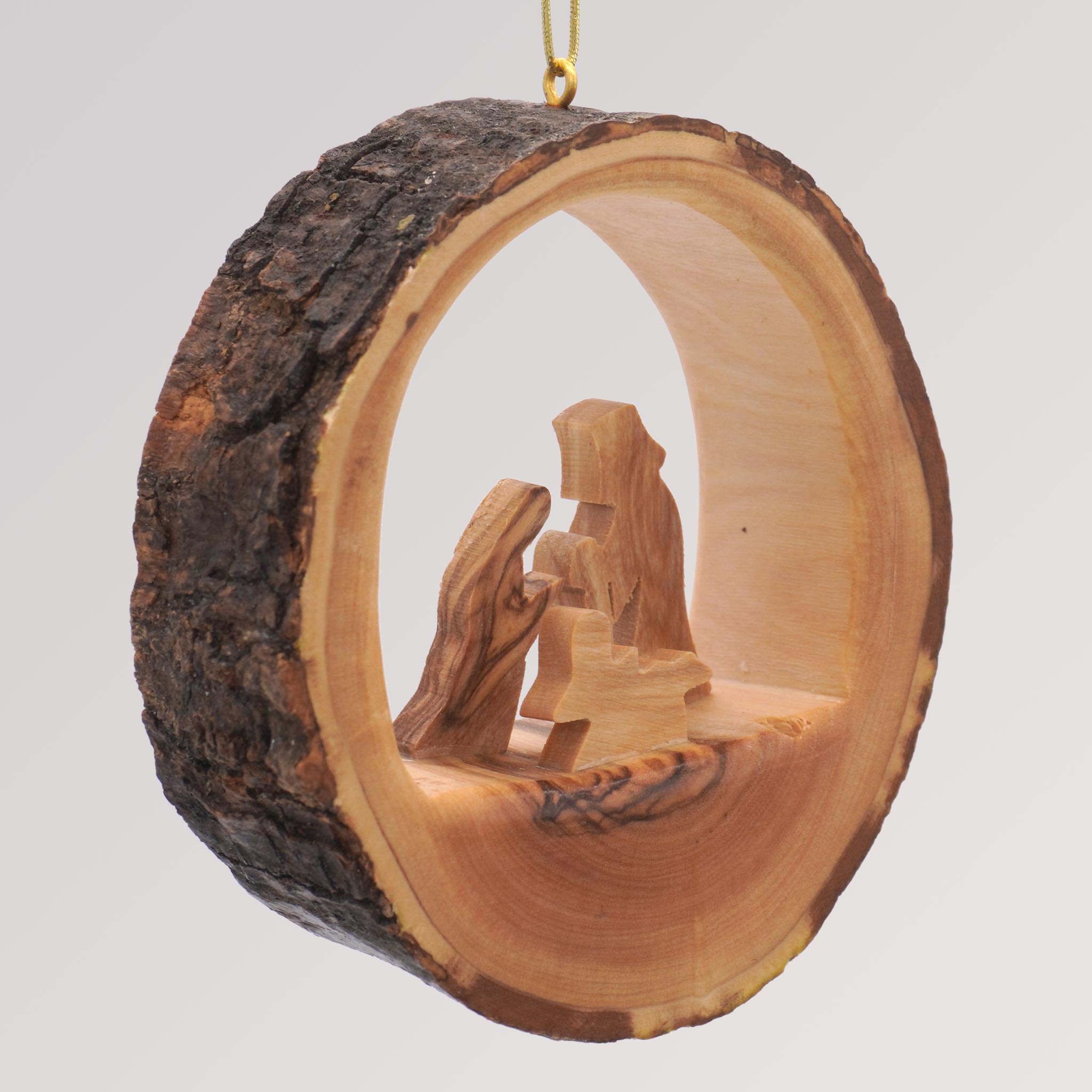 Baumanhänger heilige Familie Rund mit Rinde - Olivenholz Ornament von Weihnachtsdeko aus Betlehem