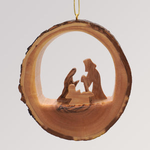 Baumanhänger heilige Familie Rund mit Rinde - Olivenholz Ornament von Weihnachtsdeko aus Betlehem