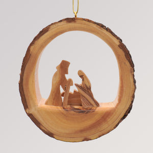 Baumanhänger heilige Familie Rund mit Rinde - Olivenholz Ornament von Weihnachtsdeko aus Betlehem