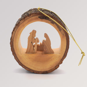 Baumanhänger heilige Familie Rund mit Rinde - Olivenholz Ornament von Weihnachtsdeko aus Betlehem