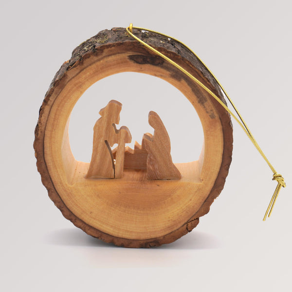 Baumanhänger heilige Familie Rund mit Rinde - Olivenholz Ornament von Weihnachtsdeko aus Betlehem