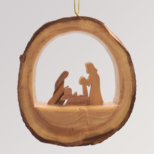 Baumanhänger heilige Familie Rund mit Rinde - Olivenholz Ornament von Weihnachtsdeko aus Betlehem