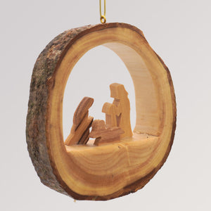 Baumanhänger heilige Familie Rund mit Rinde - Olivenholz Ornament von Weihnachtsdeko aus Betlehem