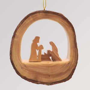 Baumanhänger heilige Familie Rund mit Rinde - Olivenholz Ornament von Weihnachtsdeko aus Betlehem