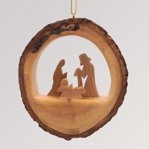 Baumanhänger heilige Familie Rund mit Rinde - Olivenholz Ornament von Weihnachtsdeko aus Betlehem