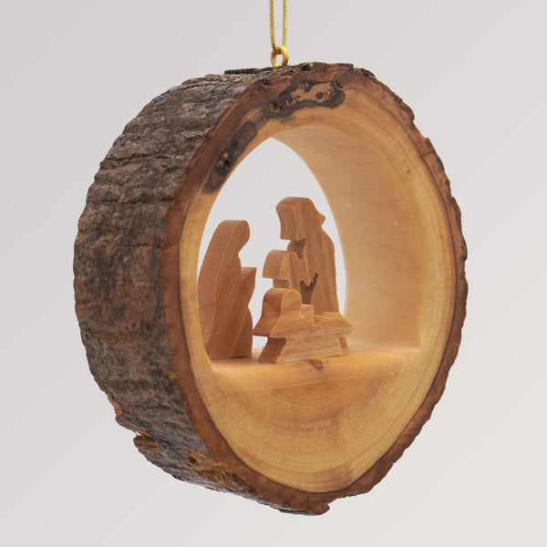 Baumanhänger heilige Familie Rund mit Rinde - Olivenholz Ornament von Weihnachtsdeko aus Betlehem