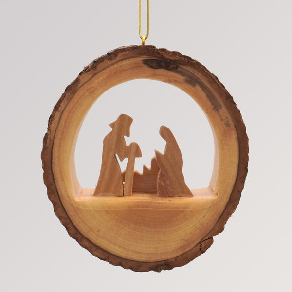 Baumanhänger heilige Familie Rund mit Rinde - Olivenholz Ornament von Weihnachtsdeko aus Betlehem