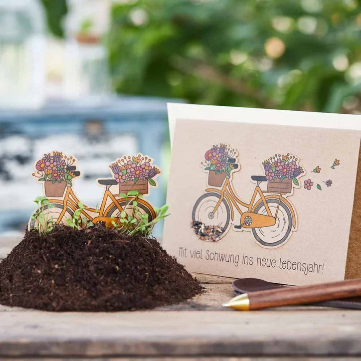 Klappkarte mit Blumensamen - Mit viel Schwung ins neue Lebensjahr von Die Stadtgärtner