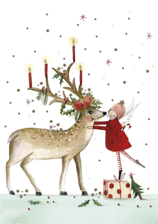 Postkarte Rentier mit Engel von Graetz Verlag