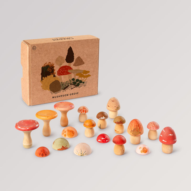 Mushroom Grove von Grapat - handbemalte Holzpilze (abgebildet mit Box)