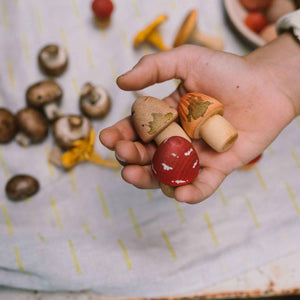 Kind hält Mushroom Grove von Grapat in der Hand - handbemalte Holzpilze