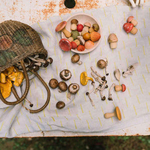 Mushroom Grove von Grapat liegen auf Tisch - handbemalte Holzpilze und daneben echte Pilze