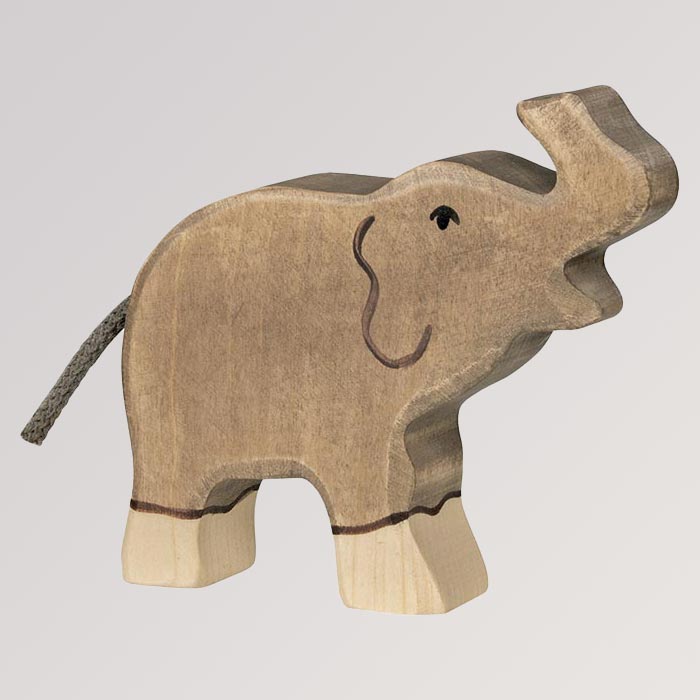 Holzfigur Elefant, klein, Rüssel hoch von Holztiger