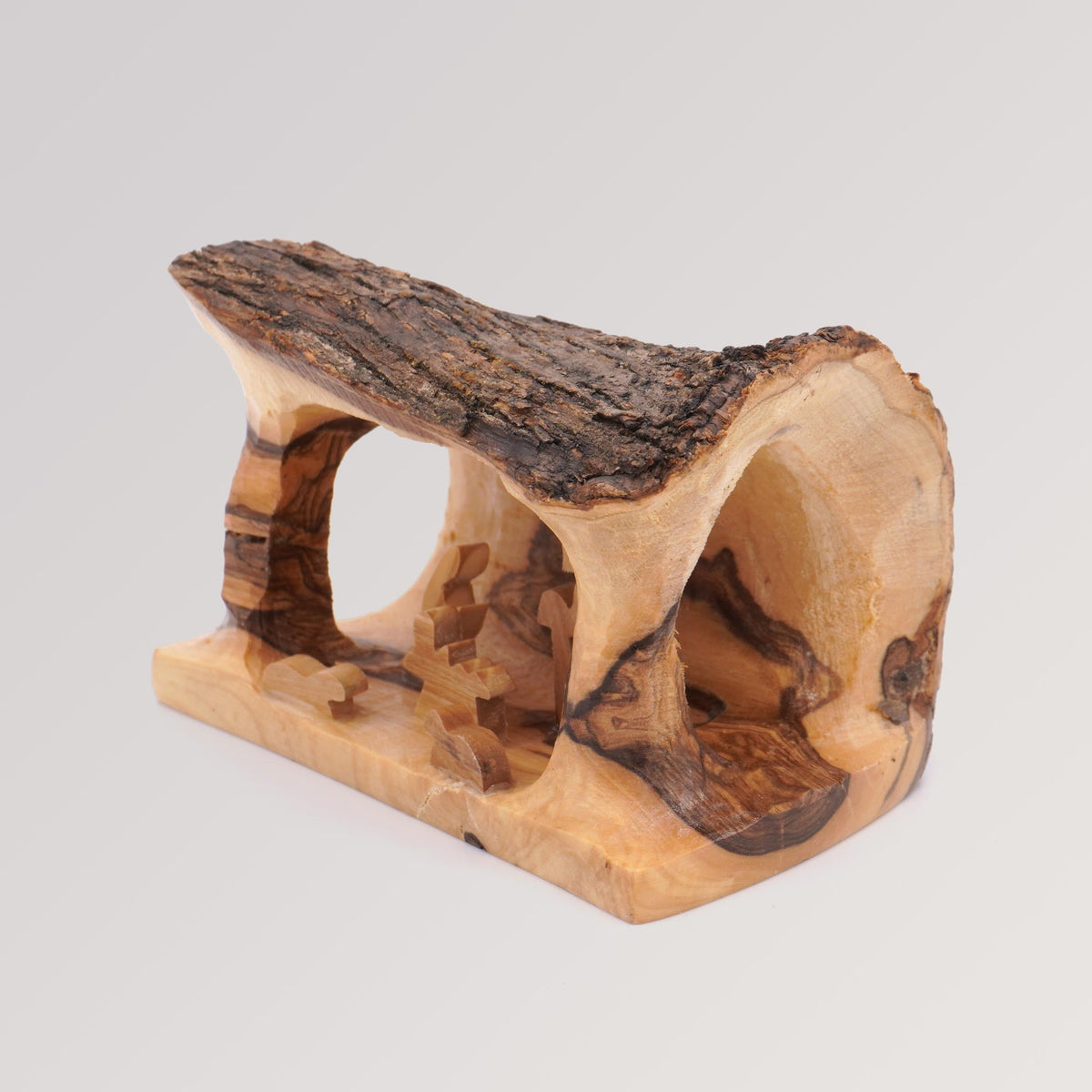 Weihnachtskrippe handgeschnitzt in Baumstamm klein - Olivenholz von Weihnachtsdeko aus Betlehem