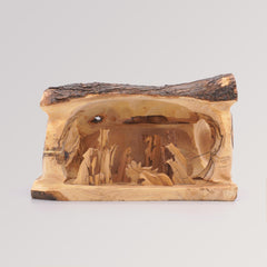 Weihnachtskrippe handgeschnitzt in Baumstamm groß - Olivenholz von Weihnachtsdeko aus Betlehem