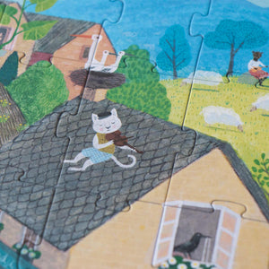 Puzzle "Once upon a time" von Lonji - 100 Teile. Szene Katze mit Geige auf dem Dach