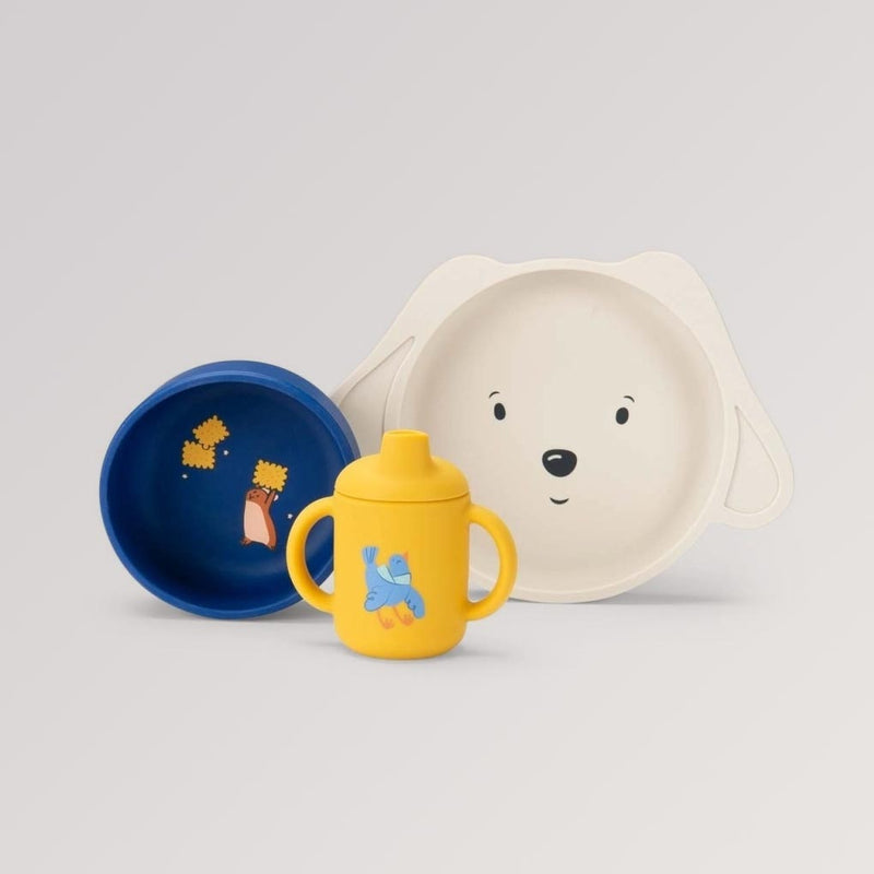 Kindergeschirr-Set Puce & Pilou von Moulin Roty in den Farben gelb, blau und weiß