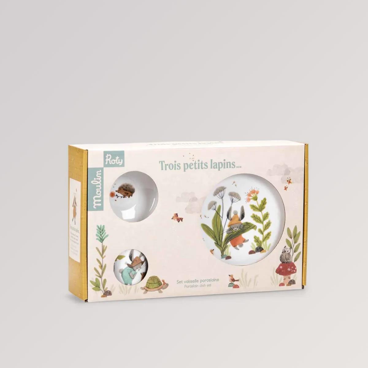 Box des Porzellangeschirr-Sets Trois Lapins mit Häschen-Motiv von Moulin Roty für Kinder ab 3 Jahren