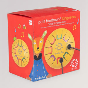 Verpackung Vorderseite der kleinen Zungentrommel für Kinder in gelb - Popipop von Moulin Roty