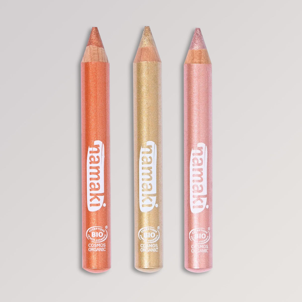 Bio-Glitzer-Schminkstifte Gold, Kupfer & Rosa von namaki