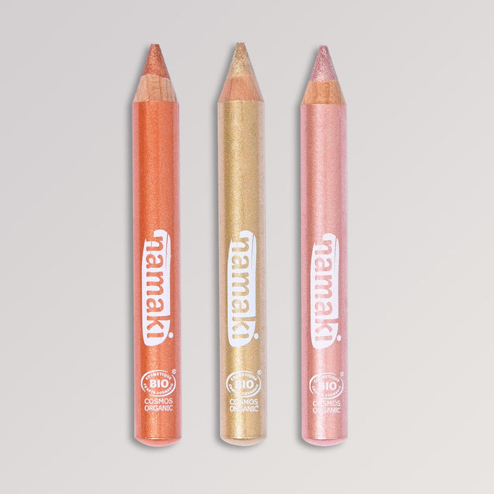Bio-Glitzer-Schminkstifte Gold, Kupfer & Rosa von namaki