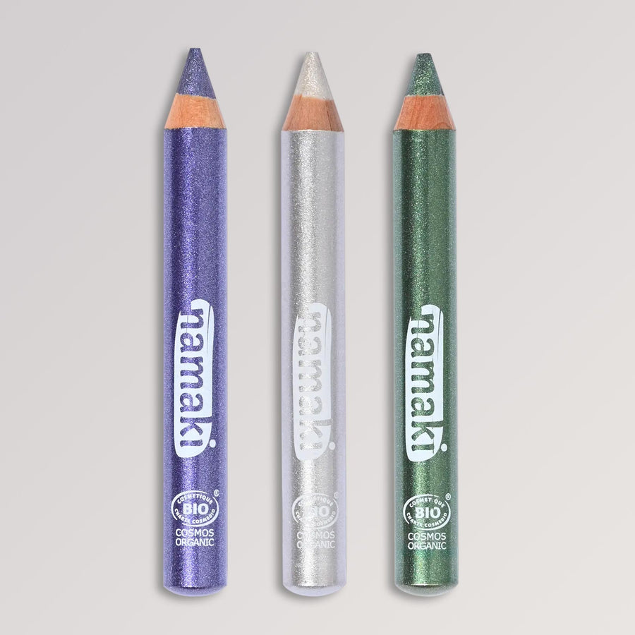 Bio-Glitzer-Schminkstifte Moonlight von namaki in den Farebn Grün, Violett, Silber
