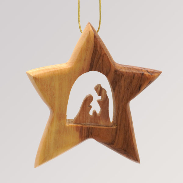 Stern Heilige Familie groß - Ornament Olivenholz Weihnachtsbaumschmuck von Weihnachtsdeko aus Betlehem