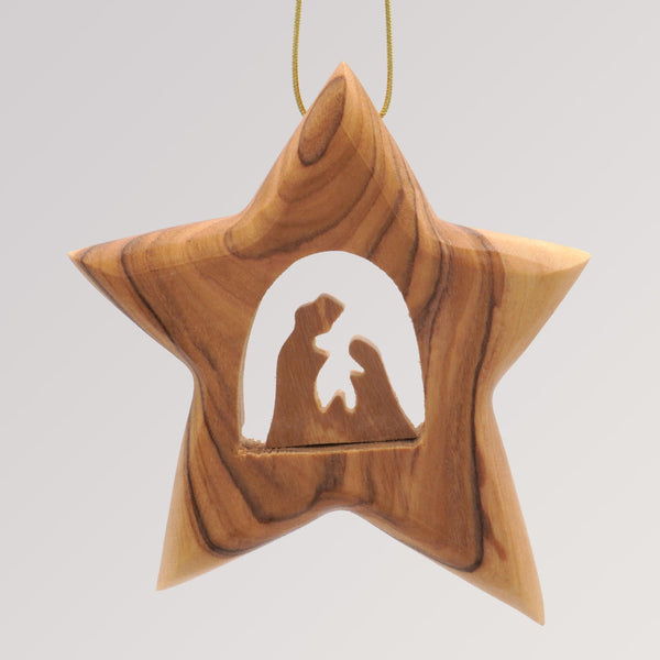 Stern Heilige Familie groß - Ornament Olivenholz Weihnachtsbaumschmuck von Weihnachtsdeko aus Betlehem