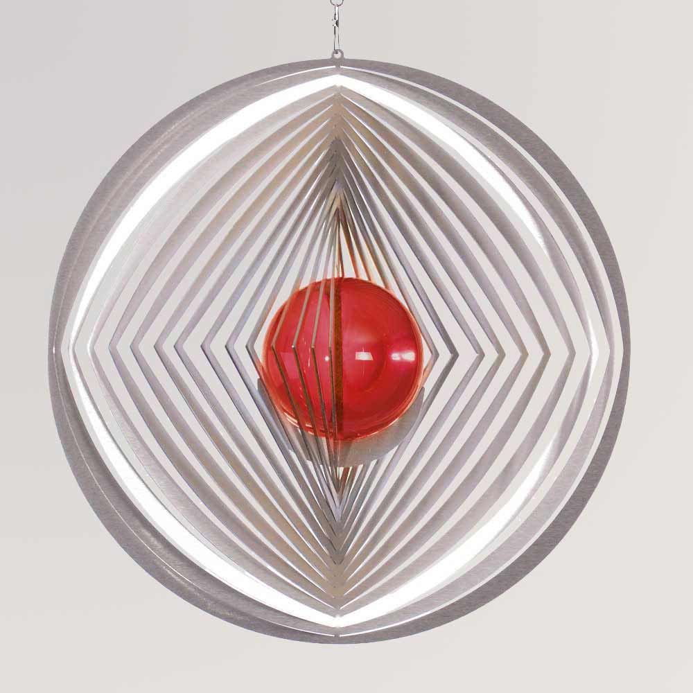 Windspiel aus Edelstahl, Kreis mit roter Glaskugel von Illumino