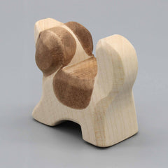 Holzfigur Bernhardiner klein Kopf hoch von Ostheimer Rückansicht