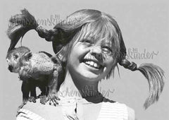 Postkarte - Pippi Langstrumpf mit Herrn Nielson, schwarz weiß von Pippi Langstrumpf